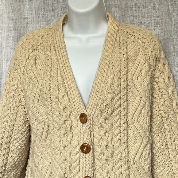 Inverallan Kntters Sweater Handknit Fisherman Cable Cardigan 100% Wool V Neck - Picture 2 of 4
